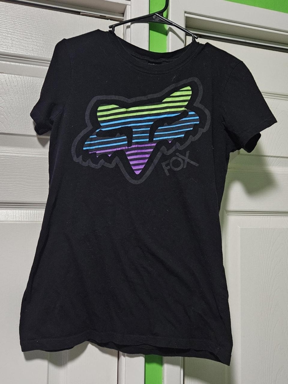 Fox Black Short-Sleeve Tee with Green, Blue & Purple Striped Logo